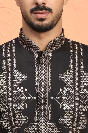 Cotton silk zari sequenced embroidered black kurta and trouser pant with dupatta