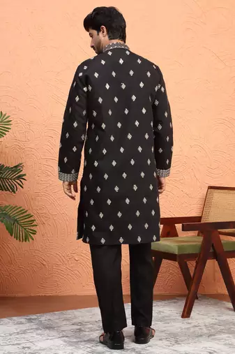 Cotton silk zari sequenced embroidered black kurta and trouser pant with dupatta