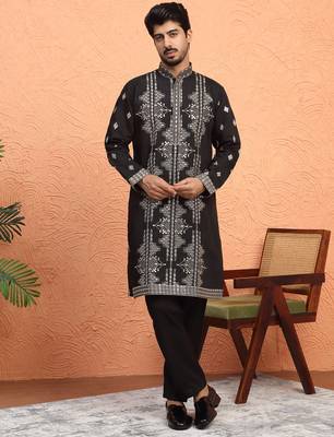 Cotton silk zari sequenced embroidered black kurta and trouser pant with dupatta 4
