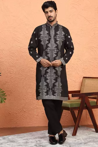 Cotton silk zari sequenced embroidered black kurta and trouser pant with dupatta