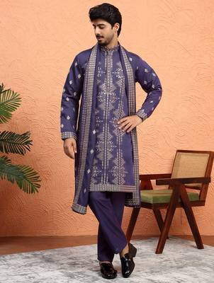 Cotton silk zari sequenced embroidered purple kurta and trouser pant with dupatta 1