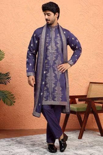 Cotton silk zari sequenced embroidered purple kurta and trouser pant with dupatta