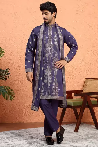 Cotton silk zari sequenced embroidered purple kurta and trouser pant with dupatta