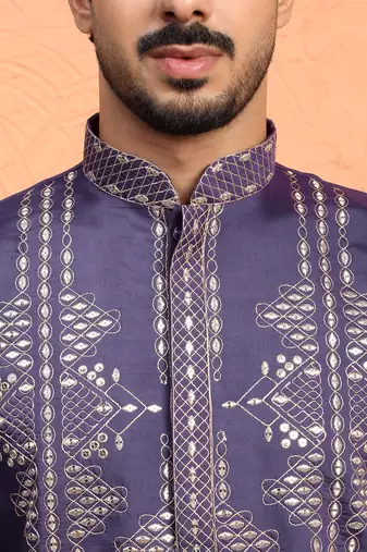 Cotton silk zari sequenced embroidered purple kurta and trouser pant with dupatta