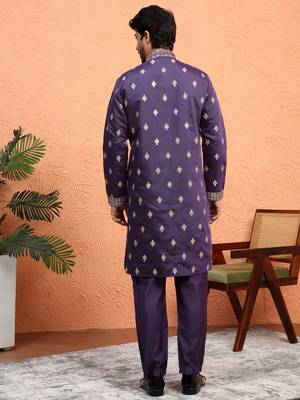 Cotton silk zari sequenced embroidered purple kurta and trouser pant with dupatta 3