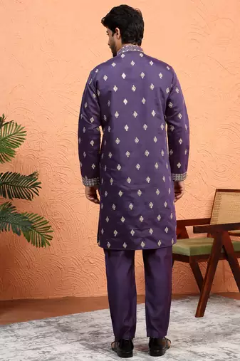 Cotton silk zari sequenced embroidered purple kurta and trouser pant with dupatta