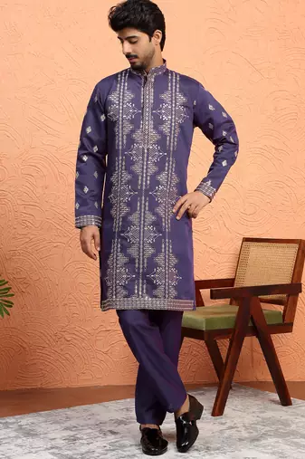 Cotton silk zari sequenced embroidered purple kurta and trouser pant with dupatta