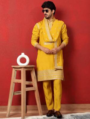 Cotton silk zari sequenced embroidered yellow kurta and trouser pant with dupatta 1
