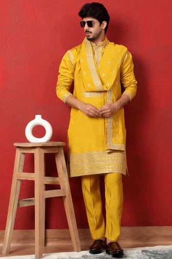 Cotton silk zari sequenced embroidered yellow kurta and trouser pant with dupatta