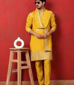 Cotton silk zari sequenced embroidered yellow kurta and trouser pant with dupatta