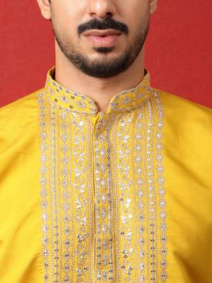 Cotton silk zari sequenced embroidered yellow kurta and trouser pant with dupatta 2