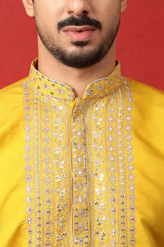 Cotton silk zari sequenced embroidered yellow kurta and trouser pant with dupatta