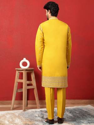 Cotton silk zari sequenced embroidered yellow kurta and trouser pant with dupatta 3