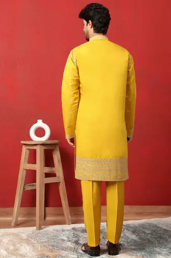 Cotton silk zari sequenced embroidered yellow kurta and trouser pant with dupatta