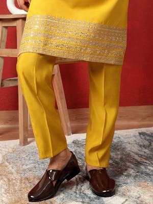 Cotton silk zari sequenced embroidered yellow kurta and trouser pant with dupatta 4