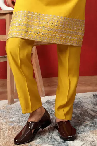 Cotton silk zari sequenced embroidered yellow kurta and trouser pant with dupatta