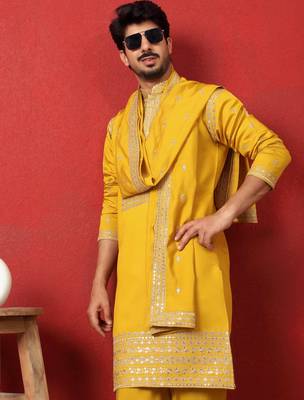 Cotton silk zari sequenced embroidered yellow kurta and trouser pant with dupatta 5