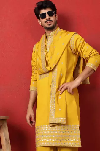 Cotton silk zari sequenced embroidered yellow kurta and trouser pant with dupatta