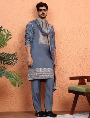 Cotton silk zari sequenced embroidered grey kurta and trouser pant with dupatta 1