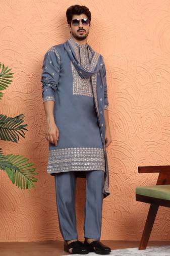 Cotton silk zari sequenced embroidered grey kurta and trouser pant with dupatta