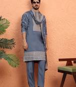 Cotton silk zari sequenced embroidered grey kurta and trouser pant with dupatta