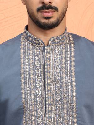Cotton silk zari sequenced embroidered grey kurta and trouser pant with dupatta 2
