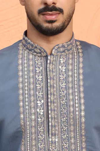 Cotton silk zari sequenced embroidered grey kurta and trouser pant with dupatta