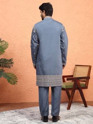 Cotton silk zari sequenced embroidered grey kurta and trouser pant with dupatta 3