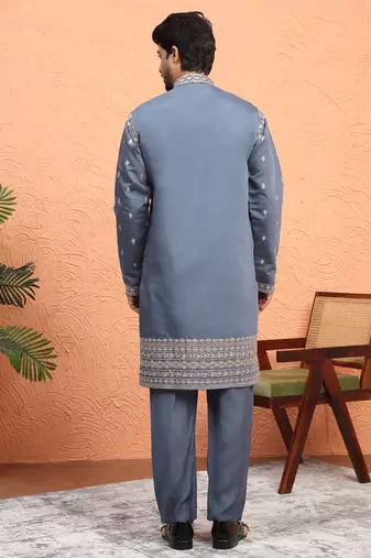 Cotton silk zari sequenced embroidered grey kurta and trouser pant with dupatta