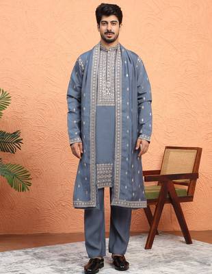 Cotton silk zari sequenced embroidered grey kurta and trouser pant with dupatta 4