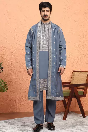 Cotton silk zari sequenced embroidered grey kurta and trouser pant with dupatta