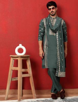 Cotton silk zari embroidered yoke design sequence green kurta and trouser pant with dupatta 1