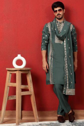 Cotton silk zari embroidered yoke design sequence green kurta and trouser pant with dupatta