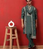 Cotton silk zari embroidered yoke design sequence green kurta and trouser pant with dupatta