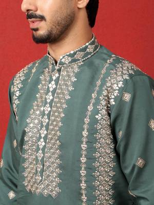 Cotton silk zari embroidered yoke design sequence green kurta and trouser pant with dupatta 2