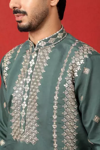 Cotton silk zari embroidered yoke design sequence green kurta and trouser pant with dupatta