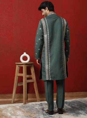 Cotton silk zari embroidered yoke design sequence green kurta and trouser pant with dupatta 3