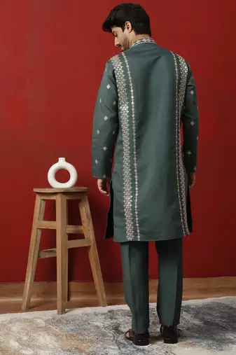 Cotton silk zari embroidered yoke design sequence green kurta and trouser pant with dupatta