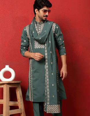Cotton silk zari embroidered yoke design sequence green kurta and trouser pant with dupatta 4