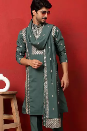 Cotton silk zari embroidered yoke design sequence green kurta and trouser pant with dupatta