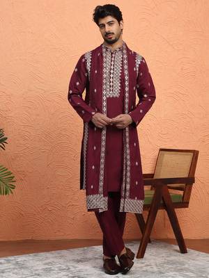 Cotton silk zari embroidered yoke design sequence maroon kurta and trouser pant with dupatta 1