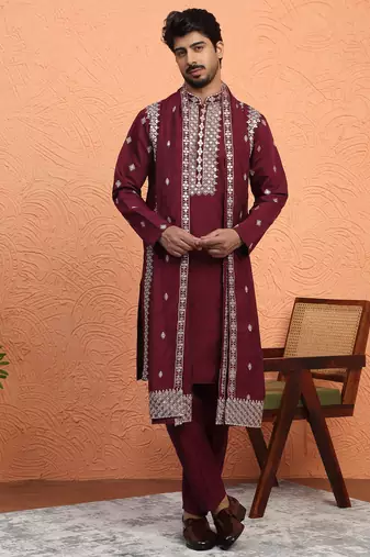 Cotton silk zari embroidered yoke design sequence maroon kurta and trouser pant with dupatta