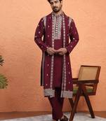 Cotton silk zari embroidered yoke design sequence maroon kurta and trouser pant with dupatta