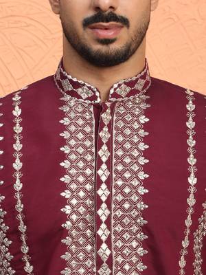 Cotton silk zari embroidered yoke design sequence maroon kurta and trouser pant with dupatta 2