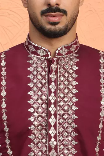 Cotton silk zari embroidered yoke design sequence maroon kurta and trouser pant with dupatta