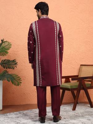 Cotton silk zari embroidered yoke design sequence maroon kurta and trouser pant with dupatta 3