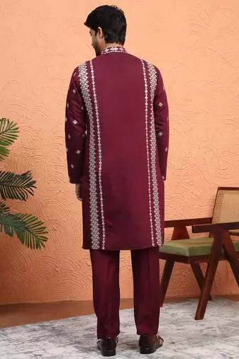 Cotton silk zari embroidered yoke design sequence maroon kurta and trouser pant with dupatta