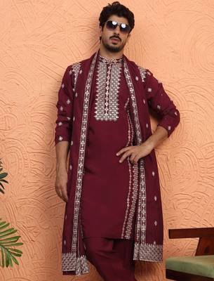Cotton silk zari embroidered yoke design sequence maroon kurta and trouser pant with dupatta 4