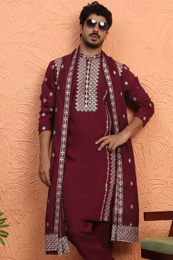 Cotton silk zari embroidered yoke design sequence maroon kurta and trouser pant with dupatta