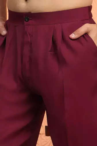 Cotton silk zari embroidered yoke design sequence maroon kurta and trouser pant with dupatta
